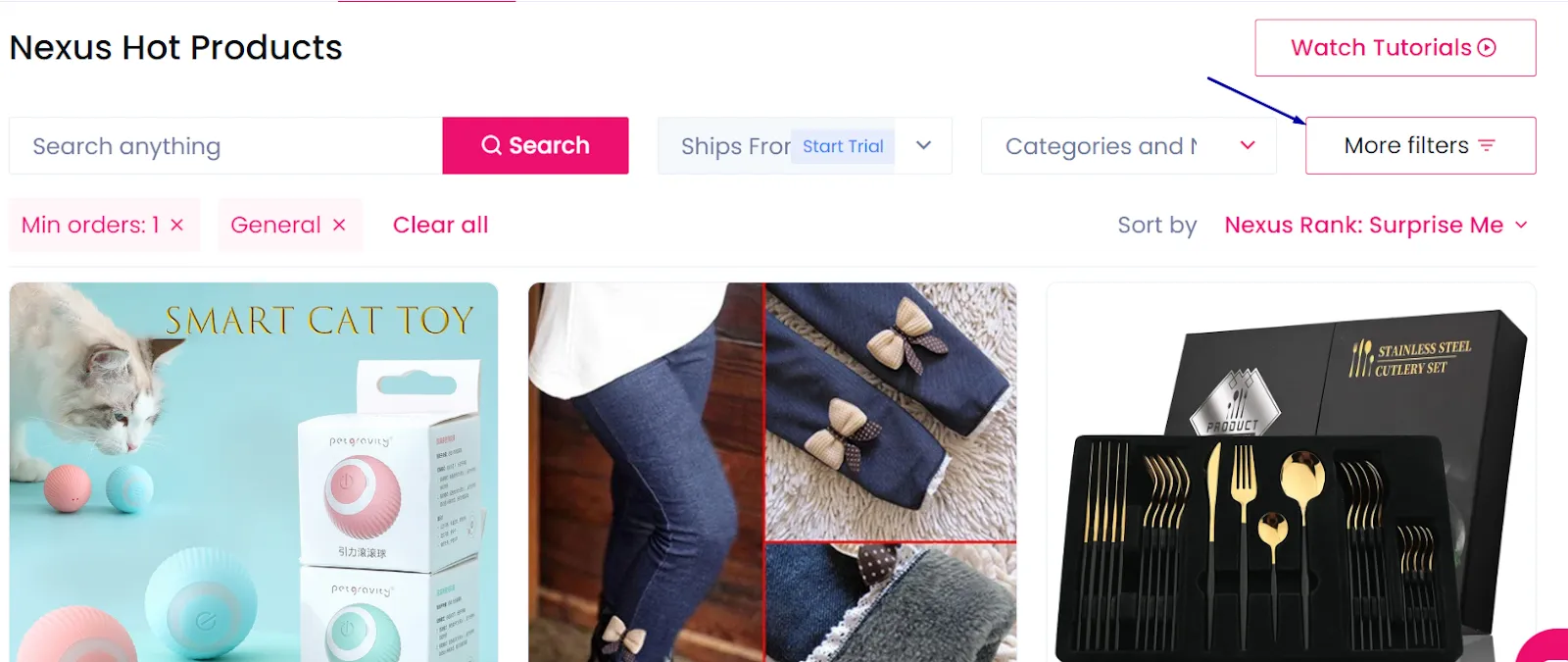 Use the various filters (category, niche, price, etc.) and sorting options (trending score, sales, etc.) to narrow your search